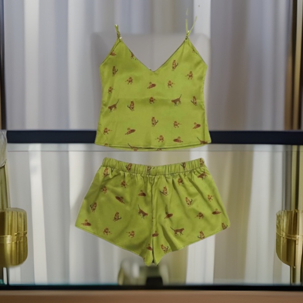 Satin Crop Cami W/Cats on the 🐈‍⬛ Pj’s Adjustable Strips Top & Shorts Outfit